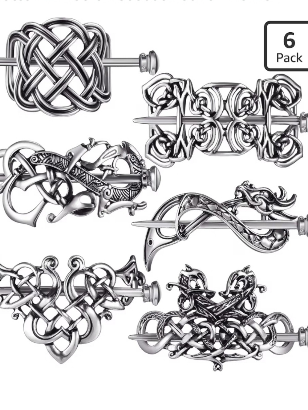 Celtic Viking Hairpins Set of 6 - Silver Knot Hair Slides